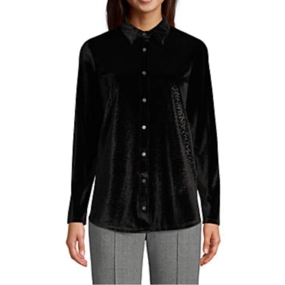 Lands End Velvet Leopard Print Button Up Shirt Womens Petite S 6-8 Black